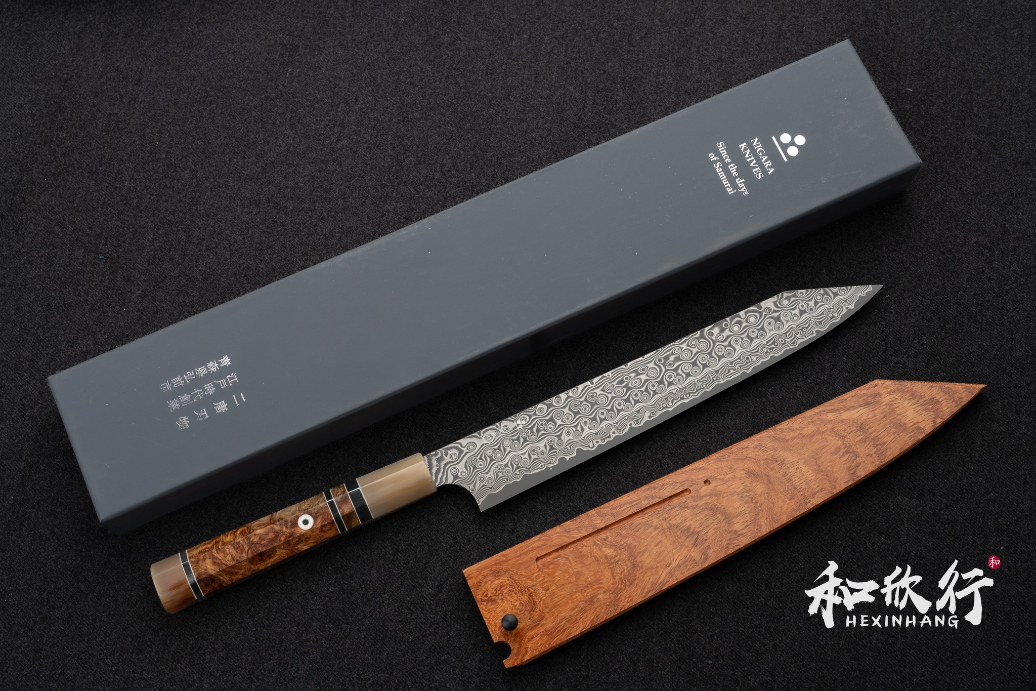 二唐刃物鍛造所Nigara Hamono SG2 粉末鋼暗紋大馬士革切付筋引255mm